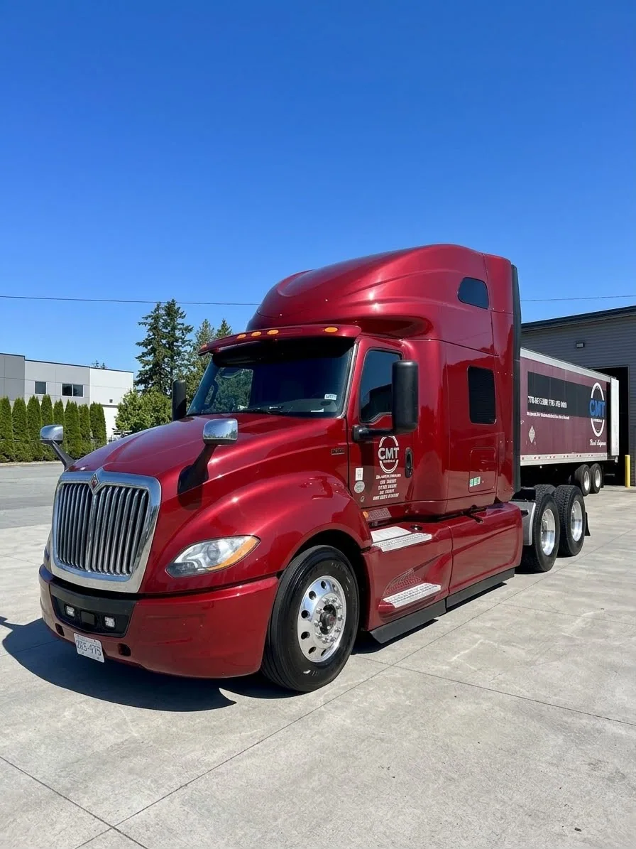 Red C M T Transport highway tractor beside a branded trailer